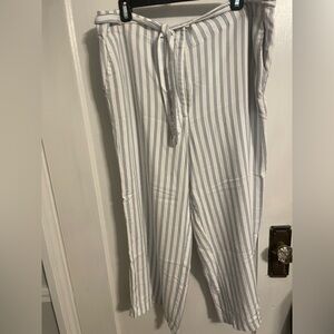 LOFT White Pants with Light Blue Stripes and Drawstring Waist
